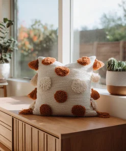 Boho Textured Pillow Cover With Pom Poms