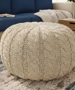 Cable Knit Ottoman Cover With Textured Weave