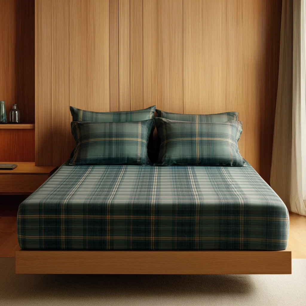 Classic Green & Navy Plaid Flat Bed Sheet Set