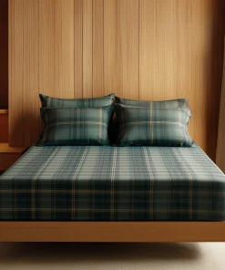 Classic Green & Navy Plaid Flat Bed Sheet Set