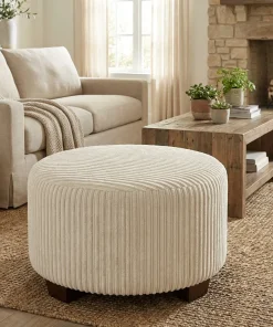 Fabric Pouf Ottoman With Ribbed Upholstery