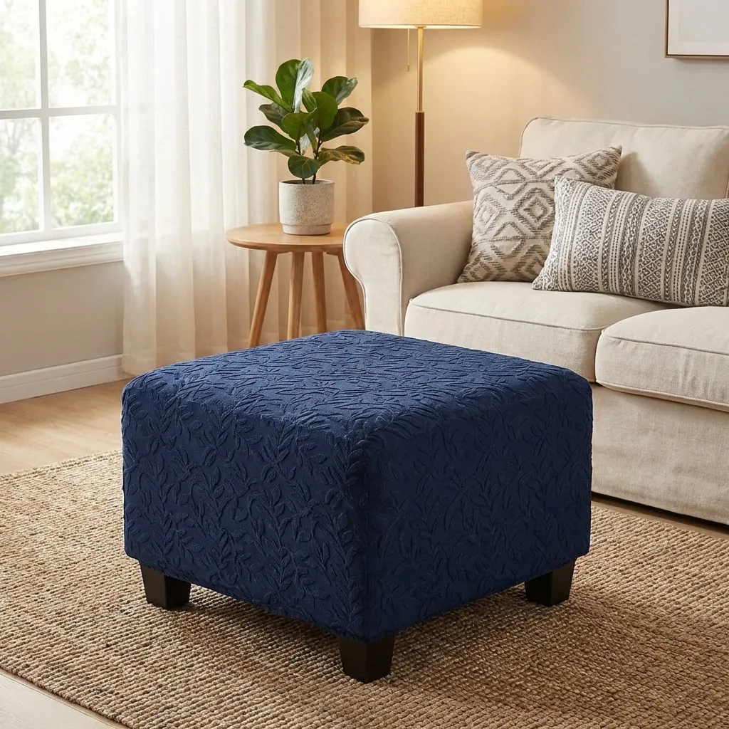 Fabric Pouf Ottoman With Textured Upholstery
