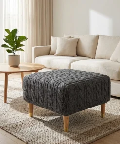 Knitted Ottoman Cover With Cable Texture In Dark Gray
