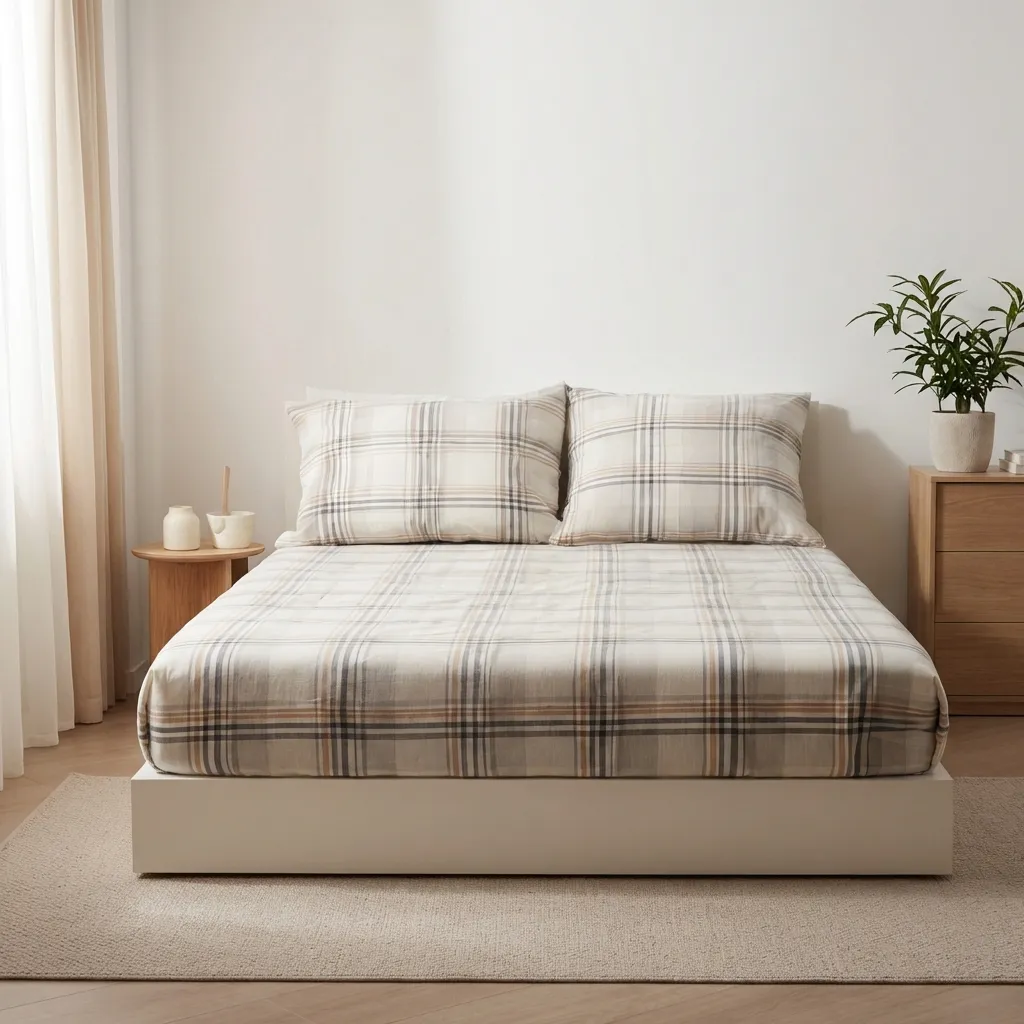 Light Beige Plaid Flat Bed Sheet Set