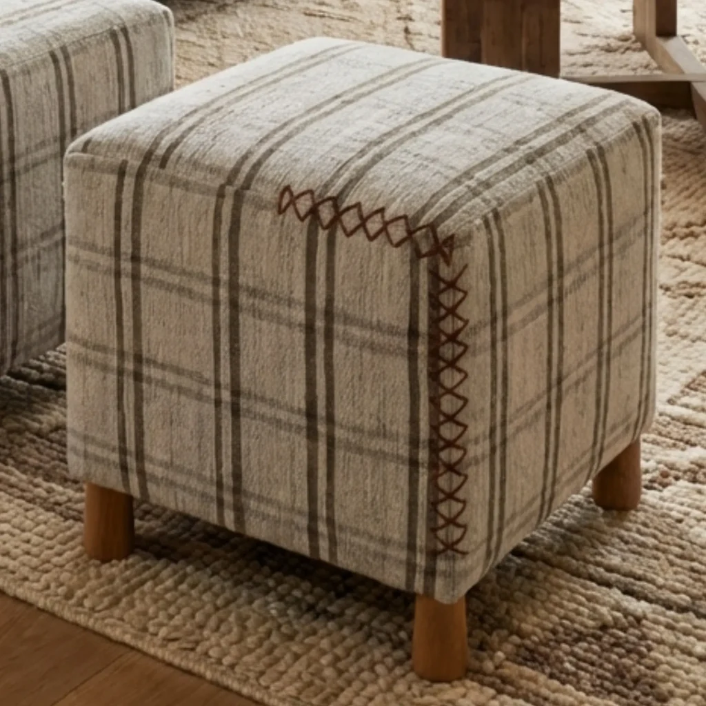 Plaid Stitch Detail Ottoman Cover For Living Room
