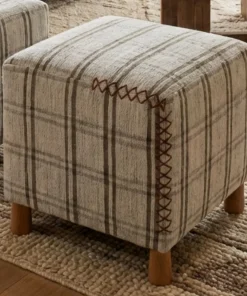 Plaid Stitch Detail Ottoman Cover For Living Room